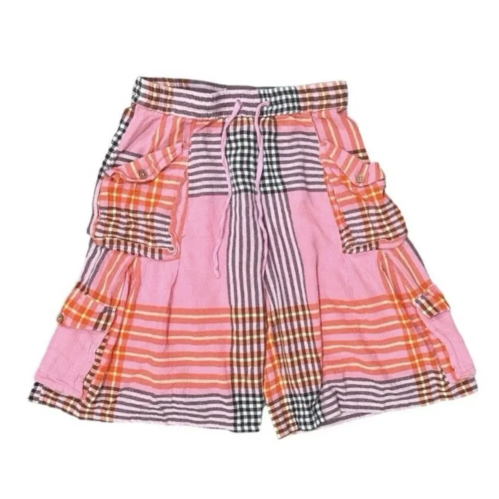 Free People Plaid Baggy Cargo Shorts Pink Wide Leg Boho Bermuda Size Small